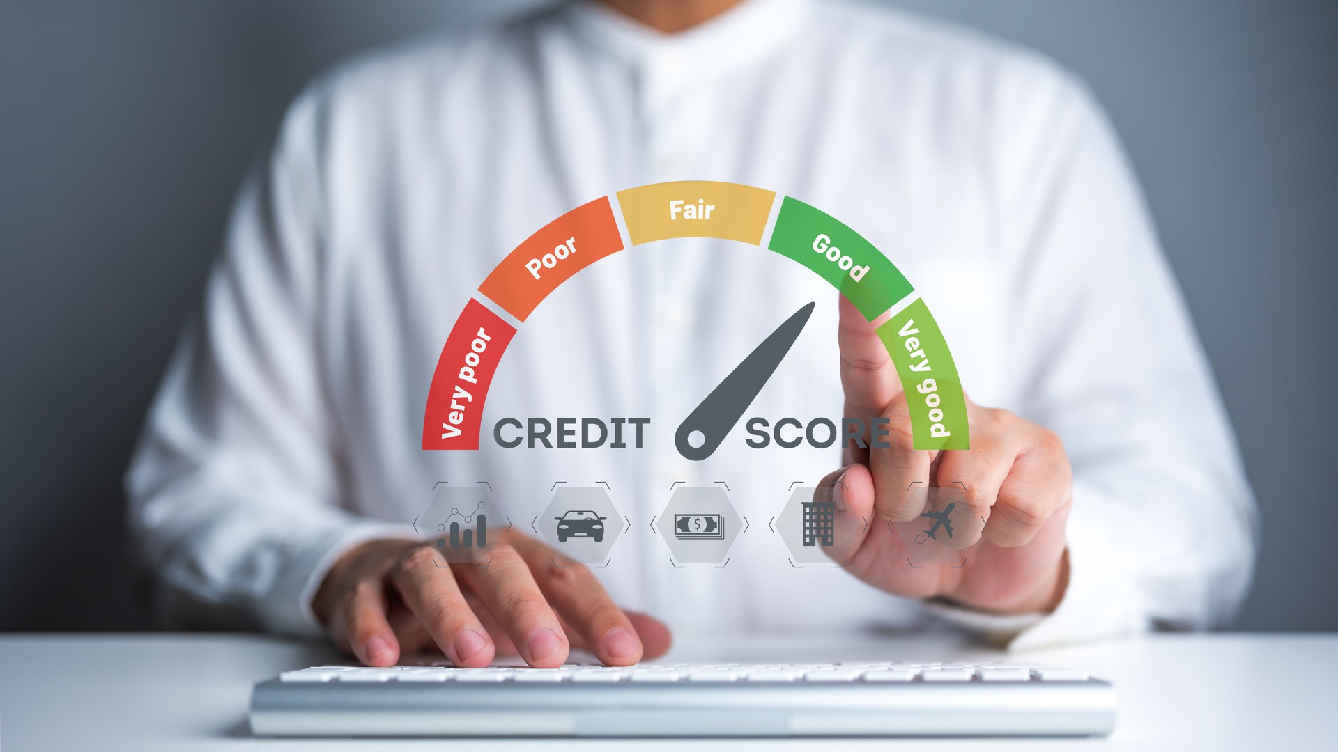 Business evaluate with customer finance statistical data with credit score icons. Credit behavior and reports. Online credit ranking check for a personal loan, mortgage, auto loan, or payment card.